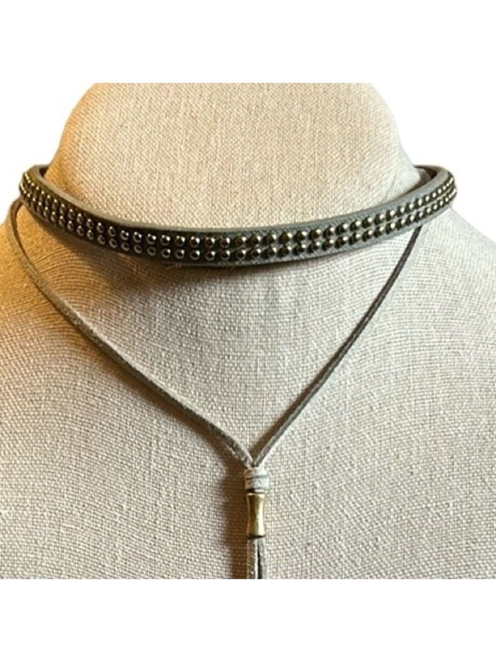 Gold Studded Taupe Leather Choker with Suede Drop Strand